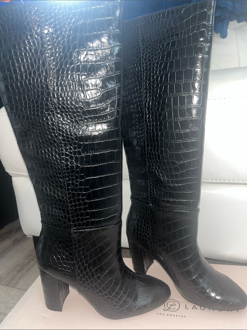 Chinese Laundry Black Croc-Embossed Knee-High Block Heel Boots - Picture 2 of 6